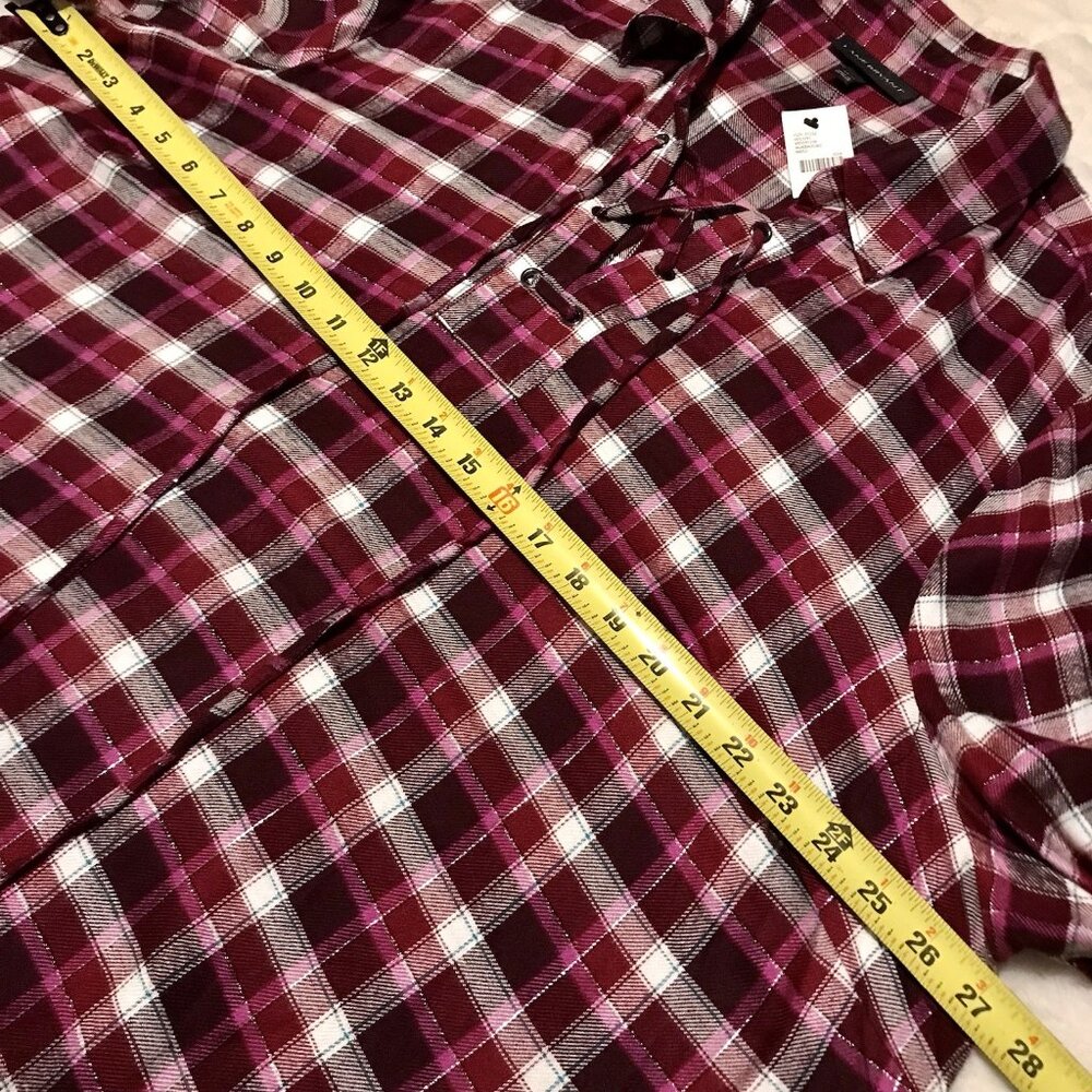 Lane‎ Bryant 22W 24W Purple Pink Rayon Flannel Plaid Lace Up Collar Tunic Top - Picture 5 of 6
